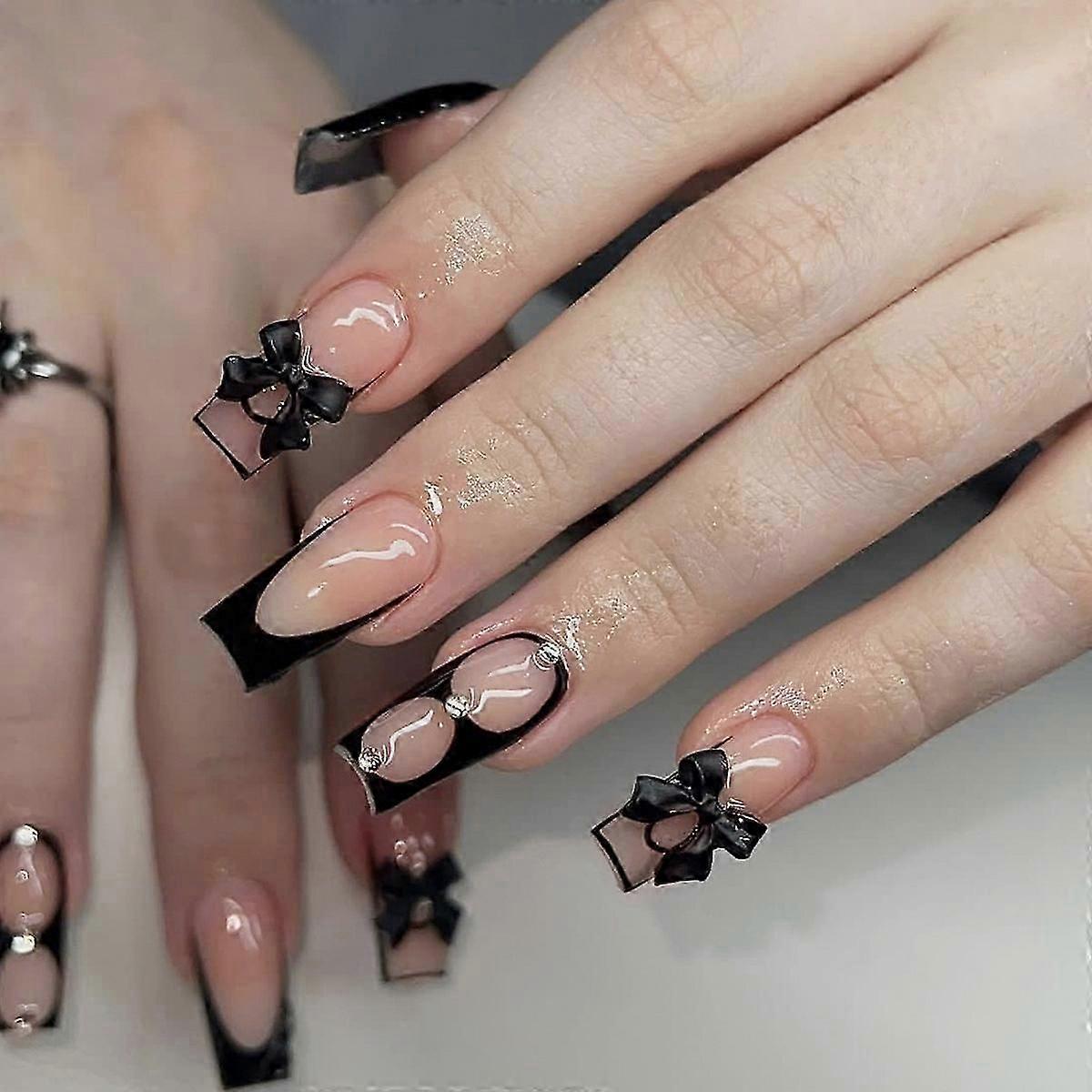 Nude Long Fake Nails with Black Pattern Print Natural Unbreakable Nail Simple Wear for Fingernail DIY Decoration