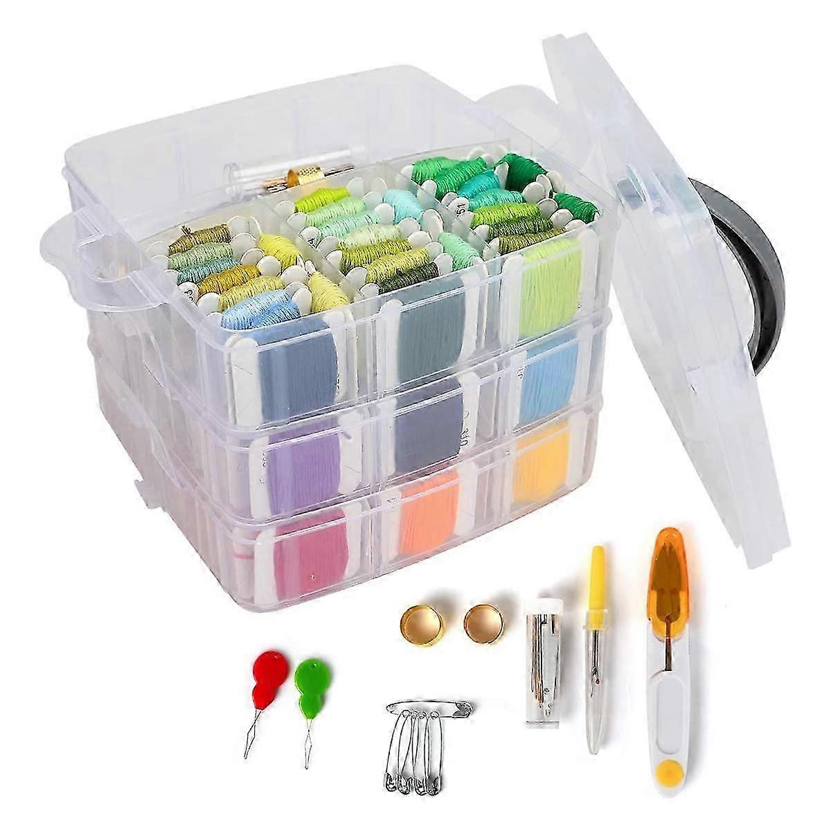 Complete Embroidery Kit with 150 Colour Threads and 3-Tier Transparent Storage Box for Cross Stitch Projects