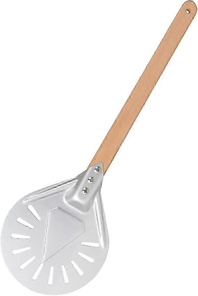 7 Inch Round Pizza Scoop, Perforated Pizza Scoop with Long Removable Wooden Handle, Made of Aluminium and Non-Slip Handle