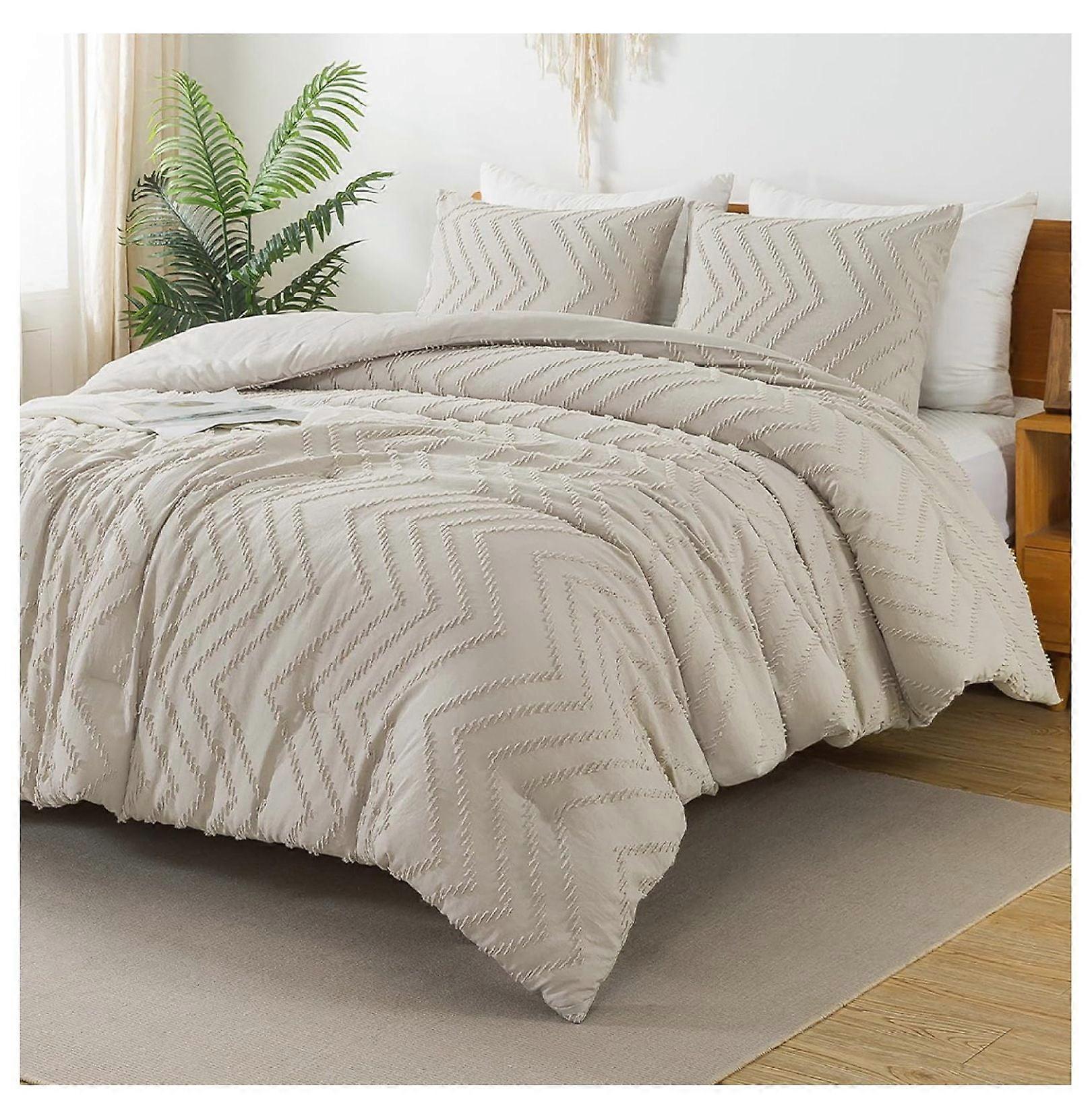 TiaGOC Tannish Grey Täcke Set King, 3-delat boho tuftade sängkläder, hela säsongen (104x90 tum täcke + 2 shams)