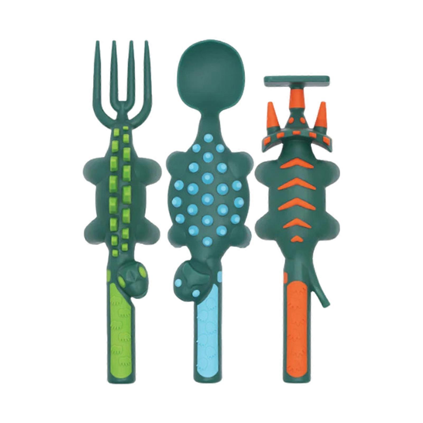 Dinosaur Toddler Utensils Set Fork Spoon Pusher Kids Cutlery Set for Fun Mealtime Adventures BPA-Free Kitchen Utensils for Self-Feeding Independence