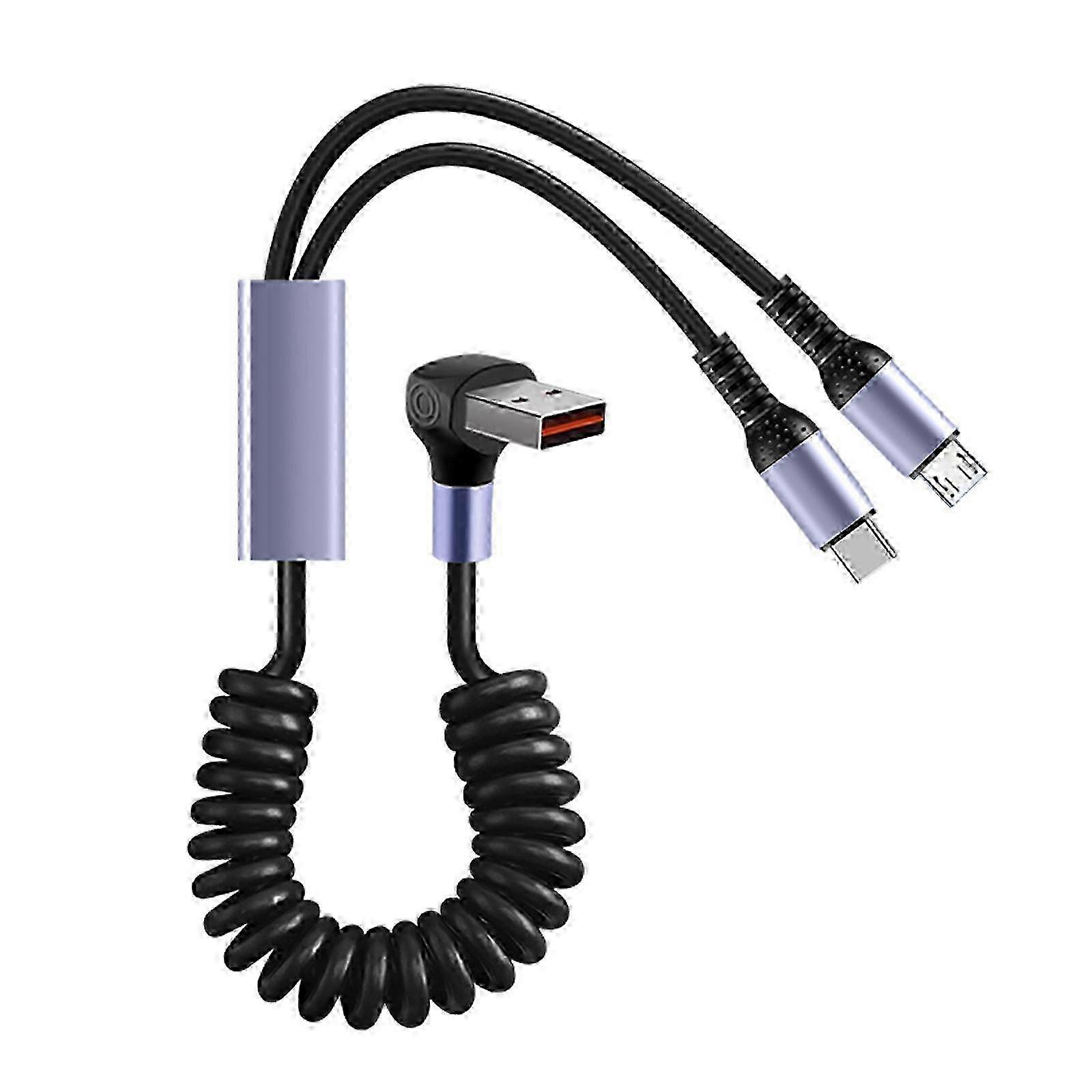 2025 2 in 1 MicroUSB & Type C Car Charging Cable with Stretchable Spring Charging Data Cable for Multiple Devices