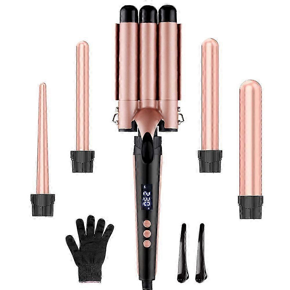 Curling Iron Set 5 in 1 with 3 Barrels - Wave Iron for Large/Medium or Small Curls Ceramic Coating Curling Irons Temperature Setting Quick Heating