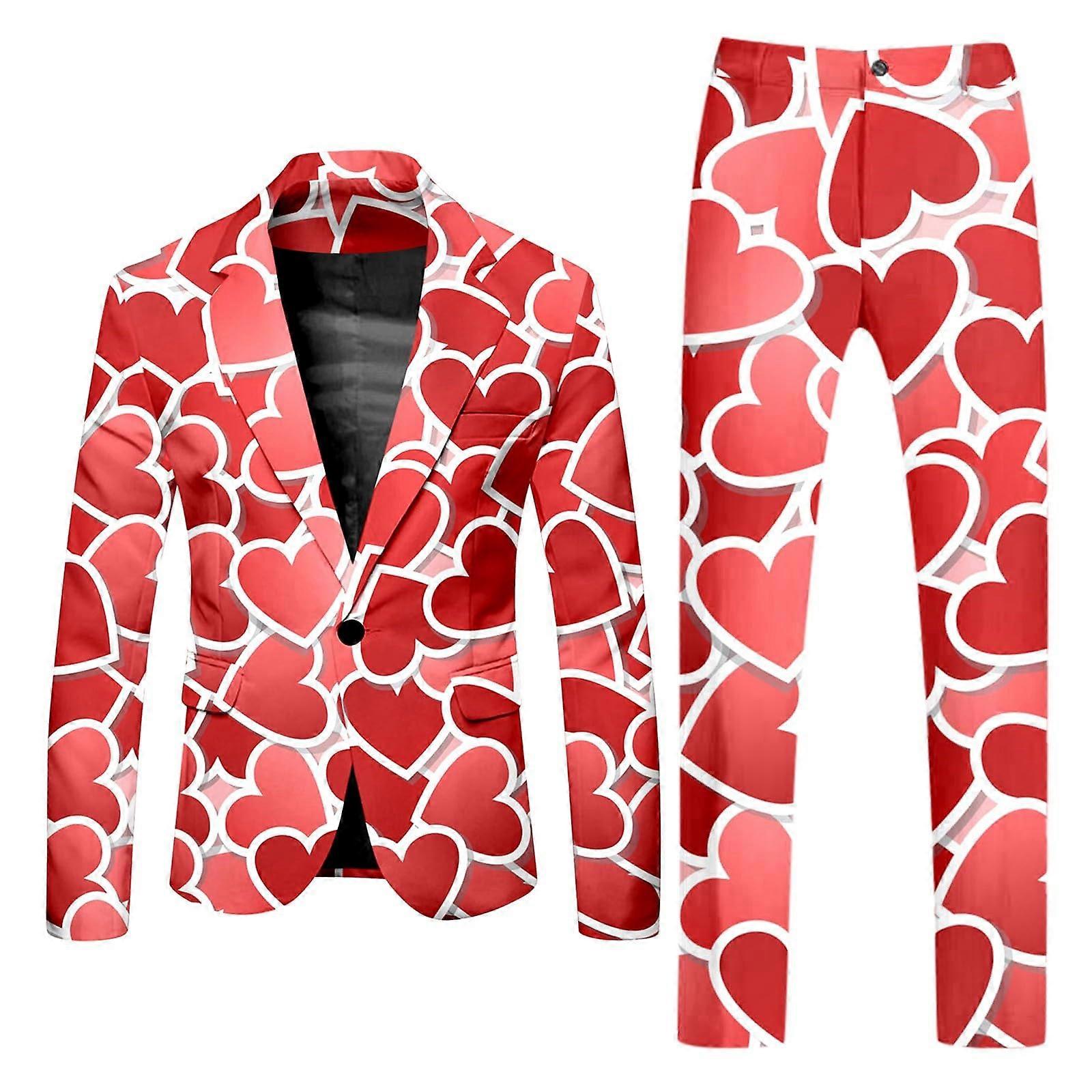 Men's Valentine's Day Suit 2Piece Slim Fit Red Heart Print Blazer Jacket and Trousers, XXL