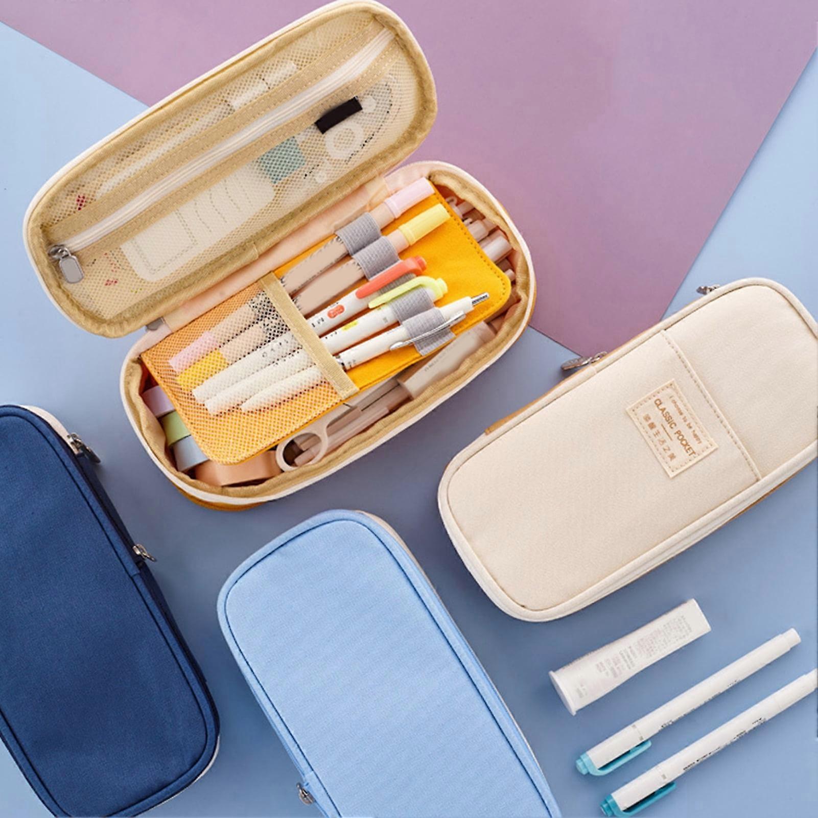 Hariumiu Extensible Pencil Pouch Double Zipper Canvas Comfortable Touch Pencil Storage Bag for Stationery