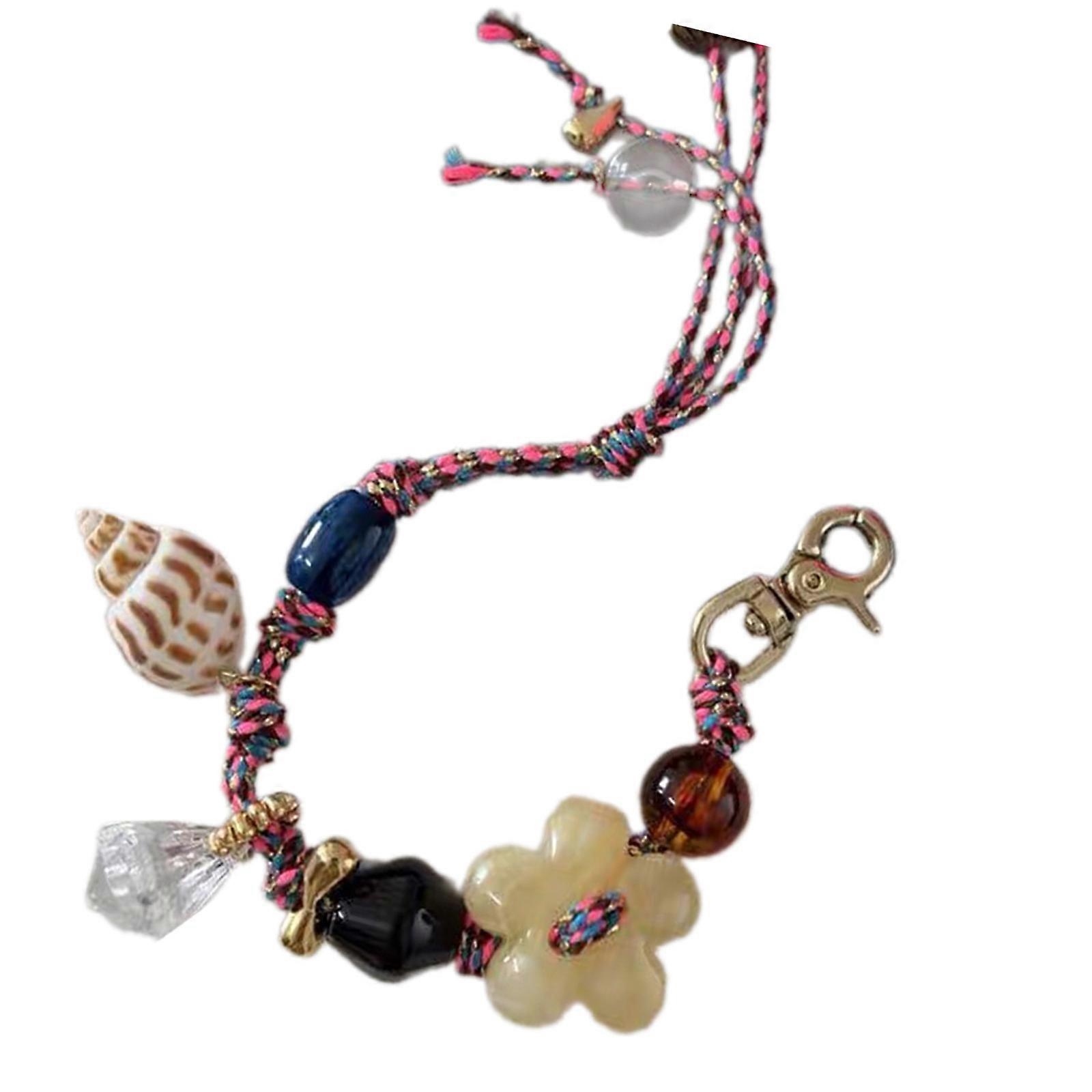 Crafted Flower Shell Beaded Adjustable Wristband Keychain Accessory Design Multicolor