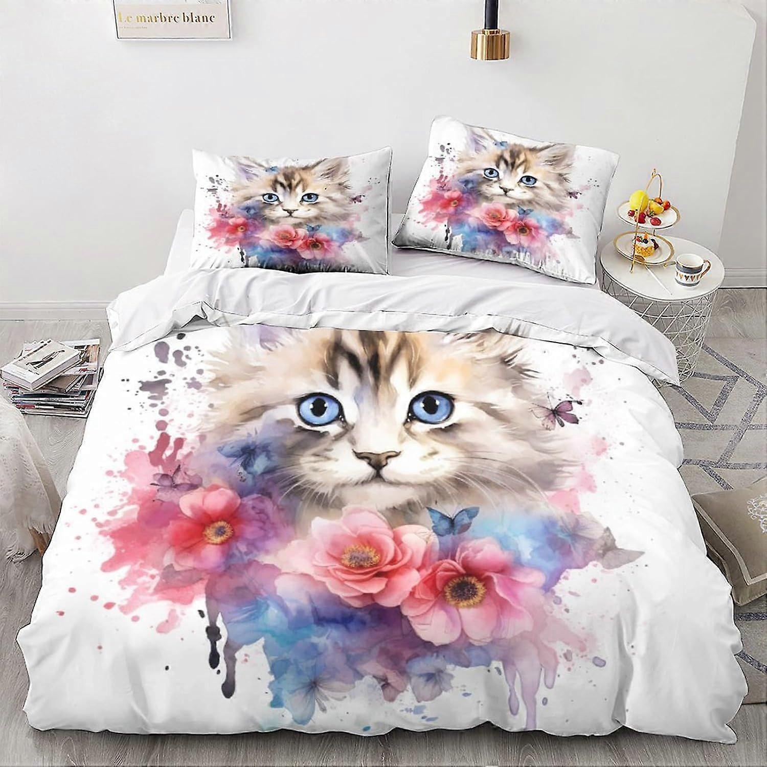 LikeEj Cat Bedding Set لطيف كيتي غطاء لحاف غطاء لحاف غطاء لحاف أطفال طقم مفروشات 3 قطع مزدوجة