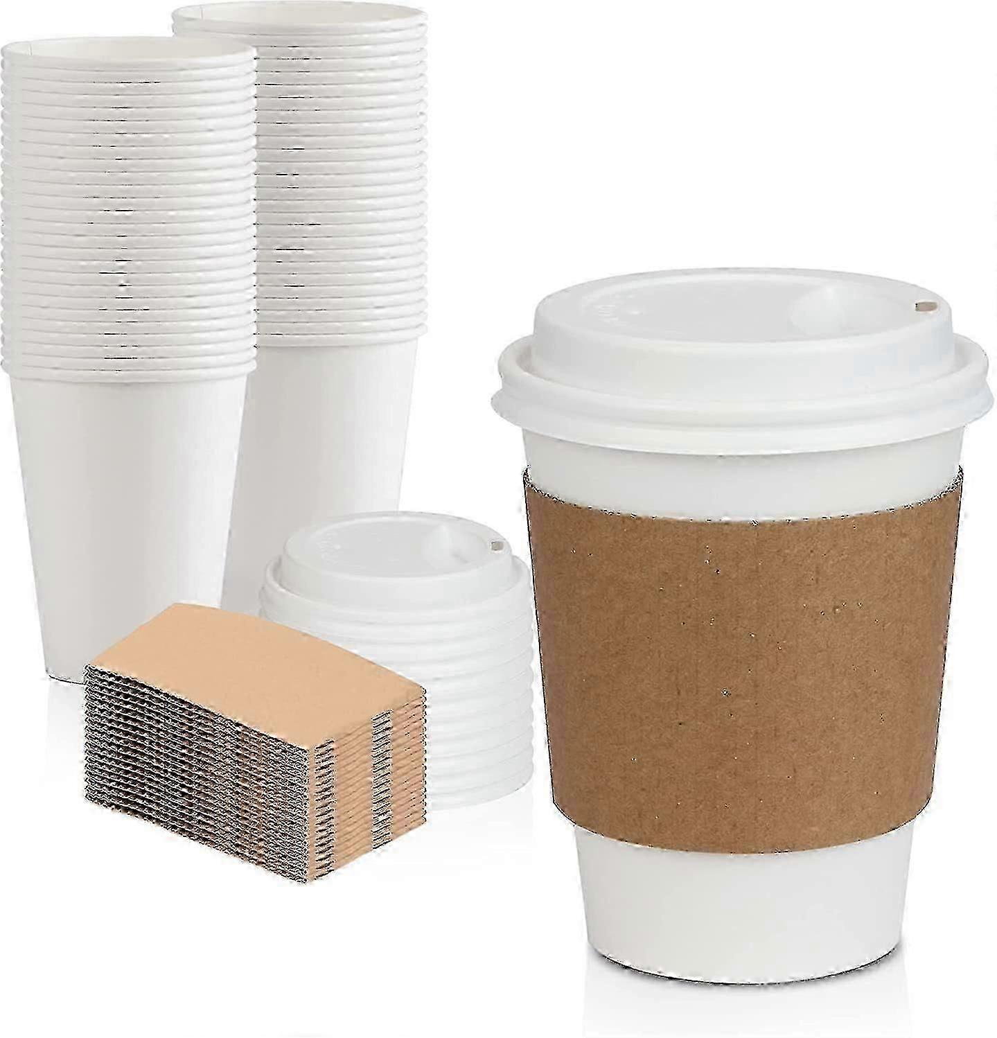 50 gobelets à café en papier de 473 ml avec 50 couvercles blancs et 50 manchons, gobelets jetables pour boissons chaudes et froides.