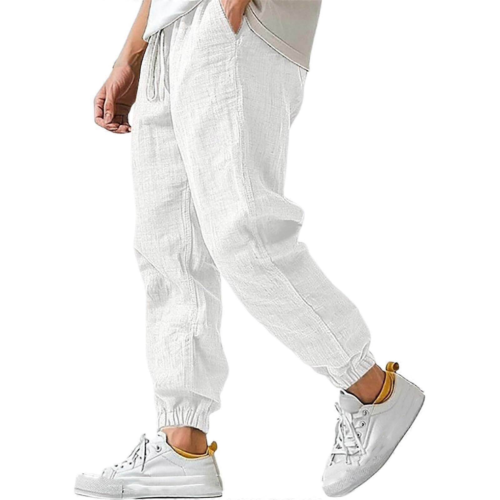 Cotton Linen Pants for Men Elastic Waist and Ankle Drawstring Baggy Style Lightweight Breathable Beach Pants  White XL