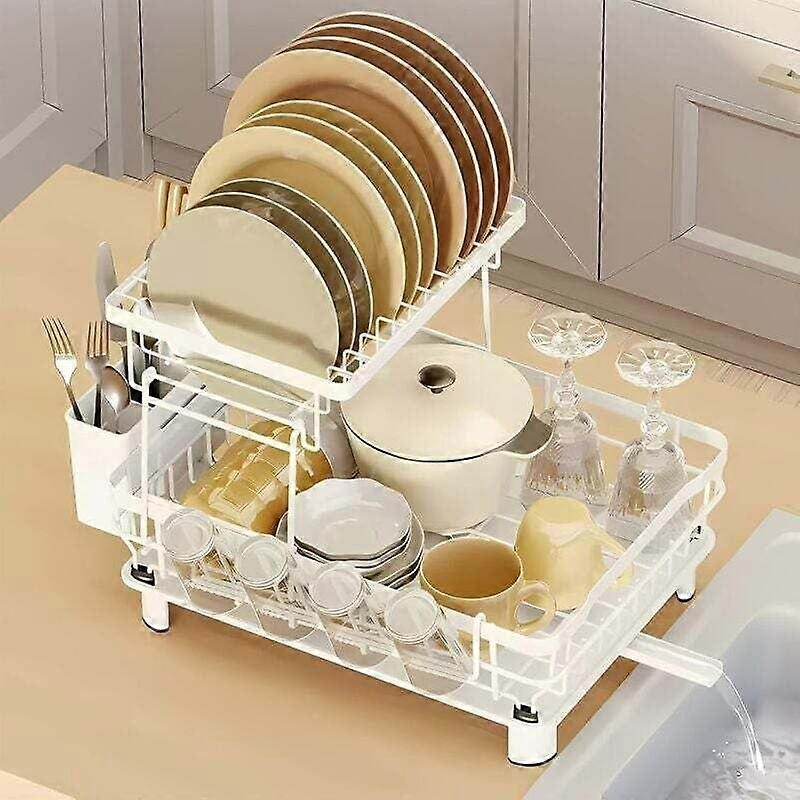 Kitchen Double-Layer Dish Drying Rack, Storage Rack with Drainage Board and Cutlery Rack, White