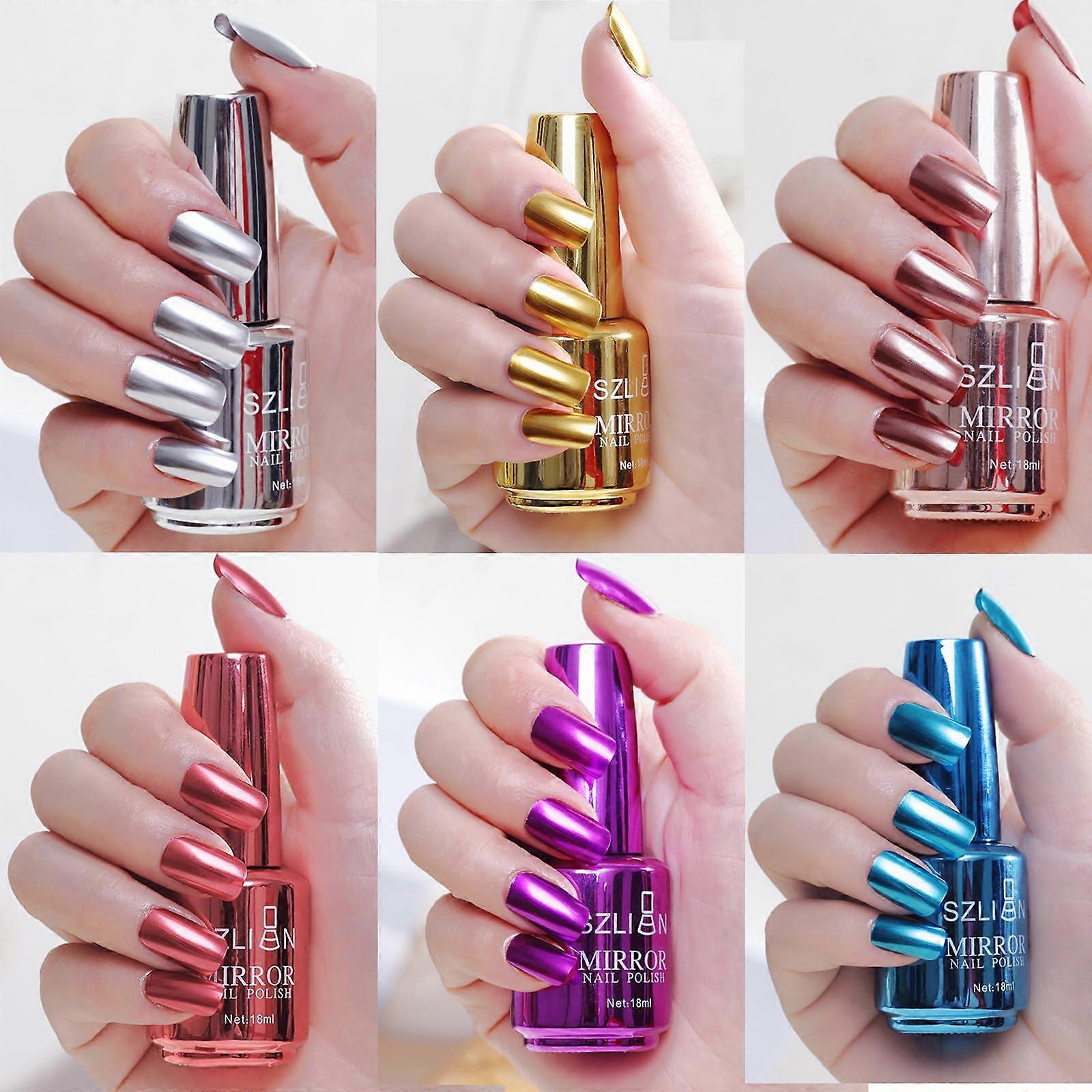 Metallic Mirror Nail Polish Kit 6 Colors Fast Drying Chrome Effect Glossy Lacquer 18ml