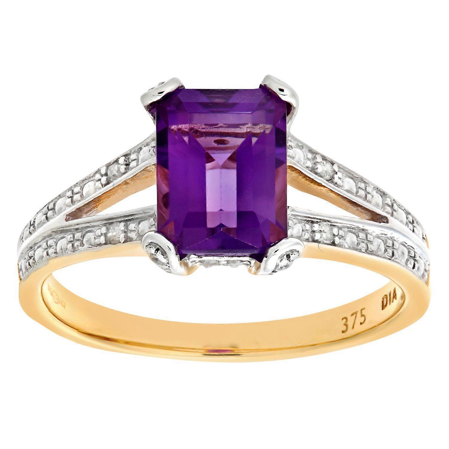 Jewelco London 9ct Gold 13pts Diamond Emerald Cut 1.38ct Amethyst Art Deco Split Shoulder Solitaire Ring