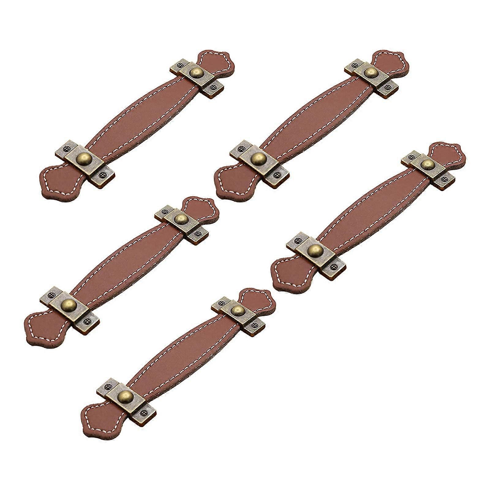 Leather Drawer Pulls 5PCS Handmade Brown Leather Cabinet Handles Corrosion Resistant Easy Install