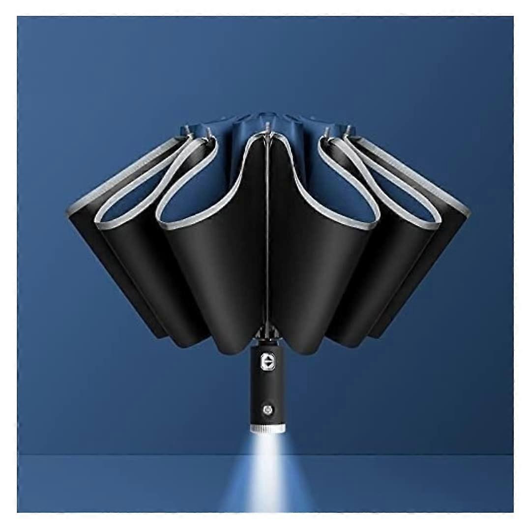 Automatic Folding Umbrella with LED Light Handle, Windproof Reverse Design, Compact Blue Travel