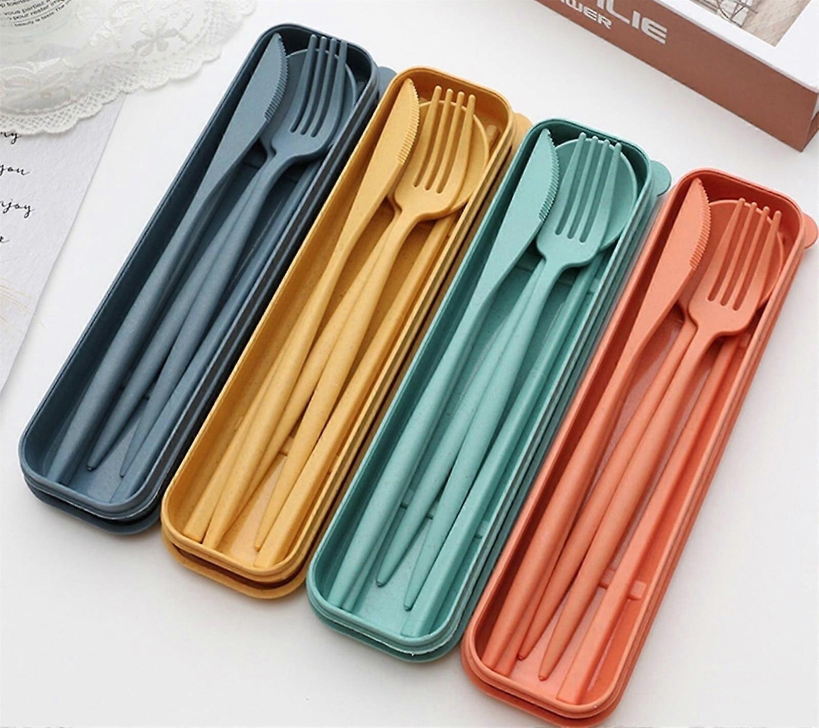 Reduced! iZZZHH 4Pcs/Set Flatware Sets Creative with Case Plastic Portable Spoon Fork Sets for Kitchen