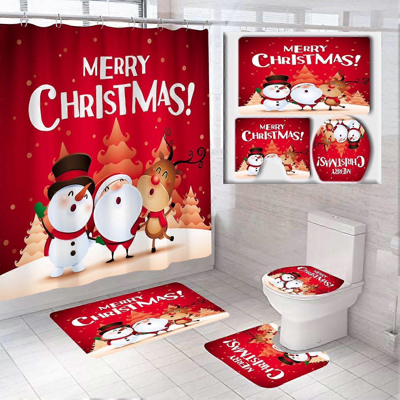 4Pcs Christmas Snowman Polyester Bathroom Shower Set