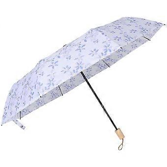 Guarda-chuva dobrável com cabo de madeira para proteção contra chuva, estampa floral violeta.