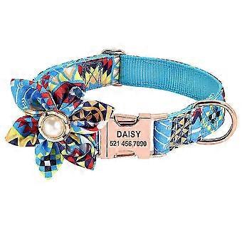 Marineblauwe katoenen hondenhalsband met bloemenprint, maat S M
