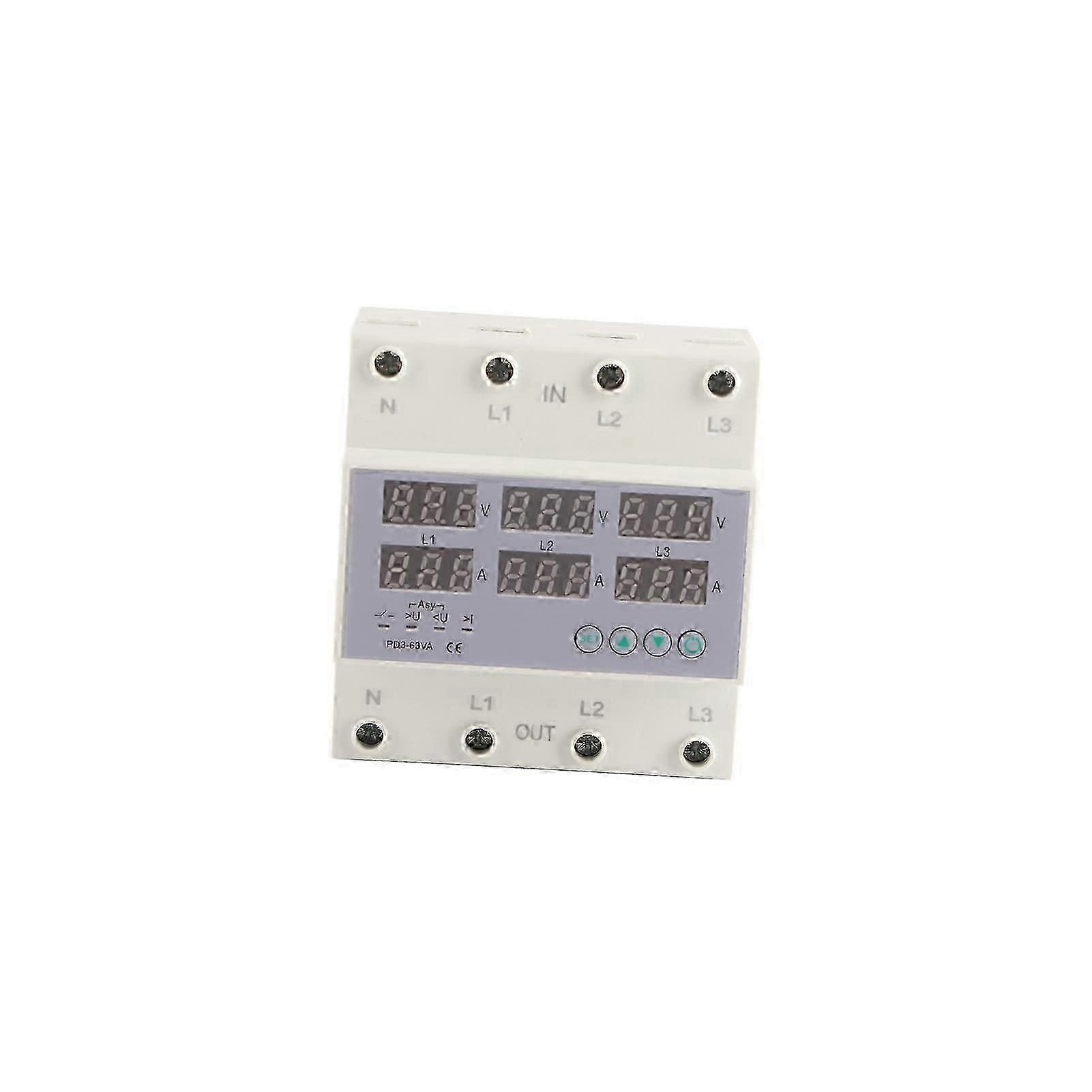 3 Phase DIN Rail Voltmeter Ammeter Automatic Overvoltage Overcurrent Protector AC 390?500V 40A