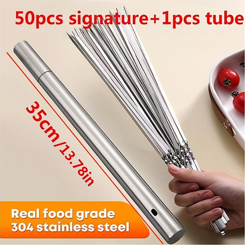 30/50pcs Reusable Stainless Steel Barbecue Meat Skewers & 1 Tube Storage For Barbecue Perfect For Outdoor Campingpicnic Bbq Stickers For Halloween C
