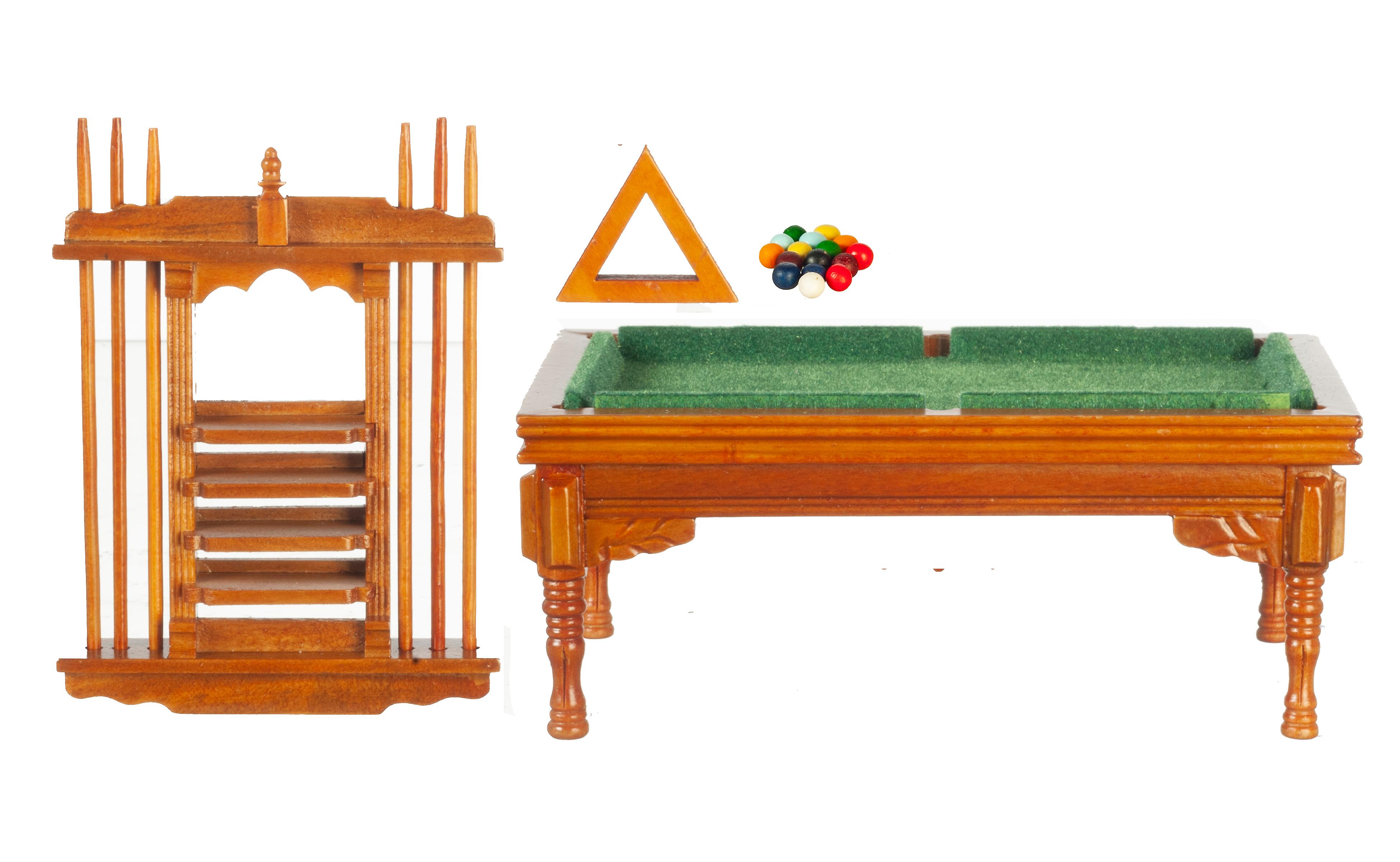 Dolls House Walnut Pool Snooker Table & Cue Stand Set 1:12 Pub Study Furniture