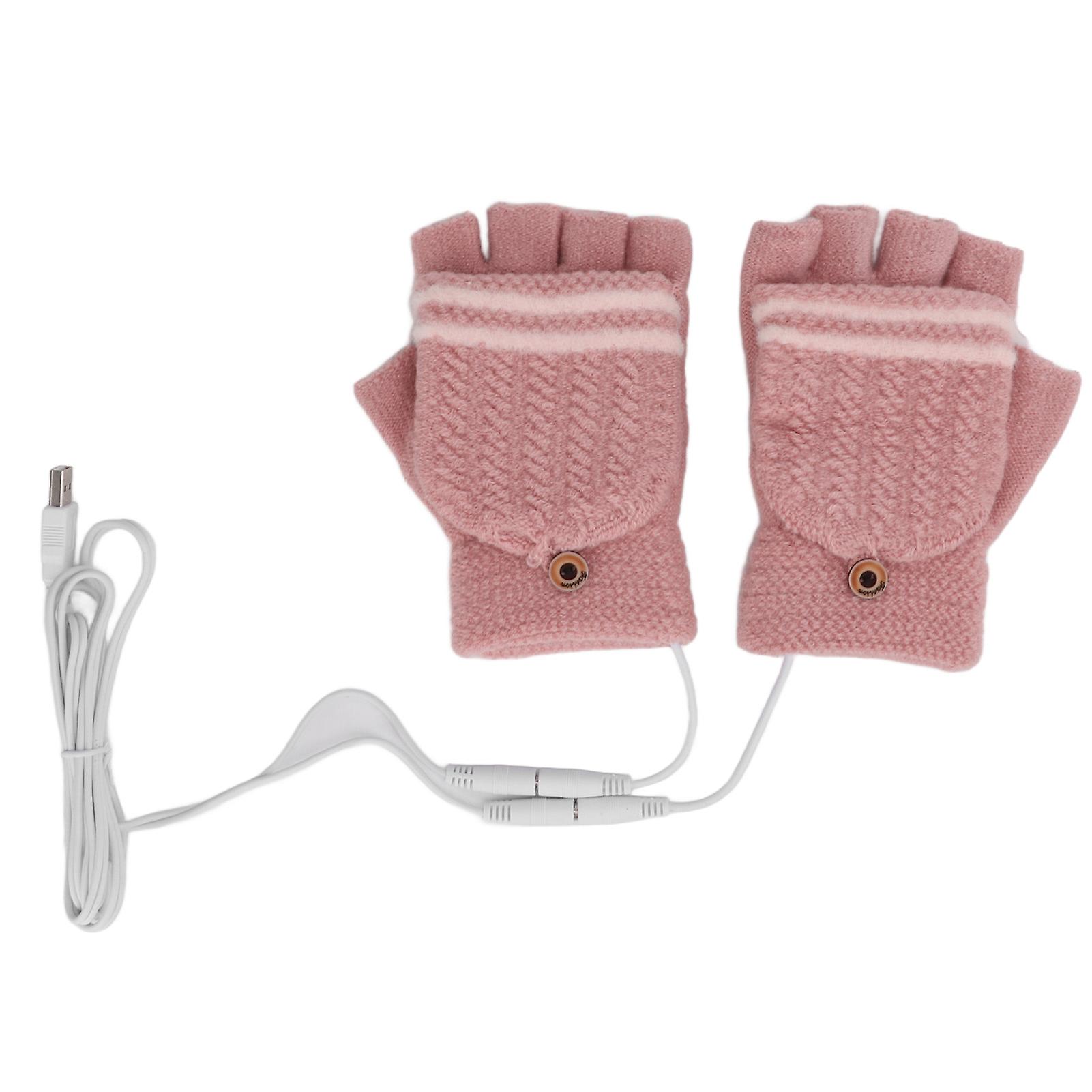 Pair USB Heated Gloves Winter Knitted Mittens Hand Warmer Fingerless for Typing Writing Mobile Phone Pink