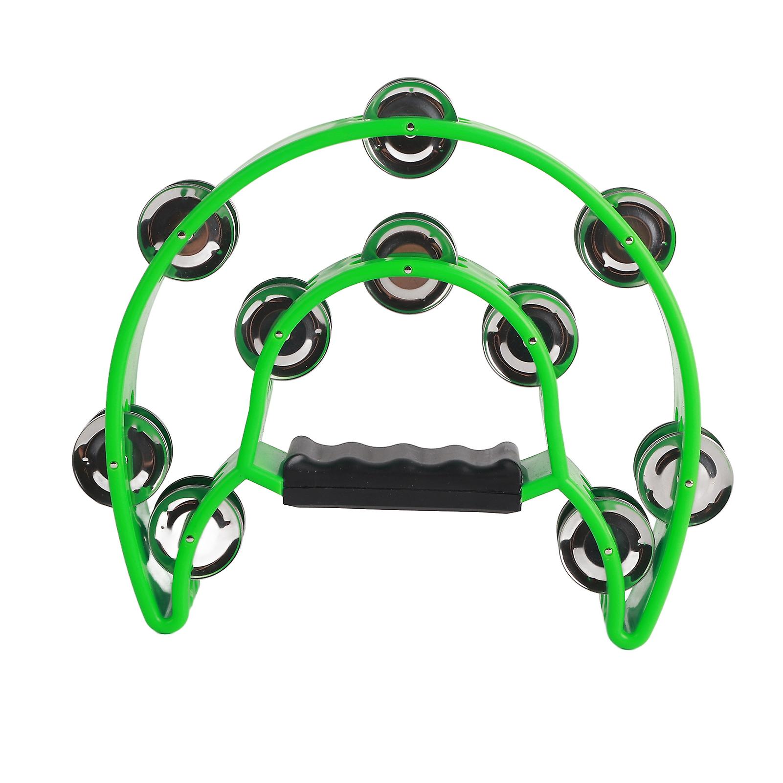 Double Row Hand Held Tambourine, Metal Tambourine with Plated Bells, Green Percussion Musical Instrument