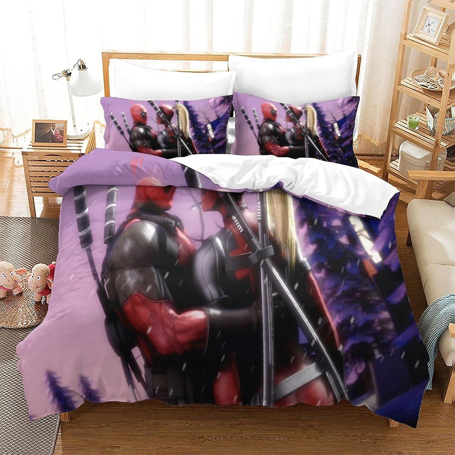 HOUKIG Sängkläder Deadpool Täcke Set 3D-tryckt vändbart sängöverkast, Superheroes örngott 3-delat set med dragkedja påslakan för tonåringar och vuxna