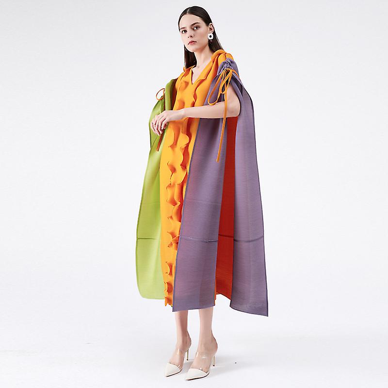 Women's Summer Plus Size Dresses Pleated V-neck Loose Casual Dresses Folded Fabric With Large Elasticity Suitable for All Body Types
