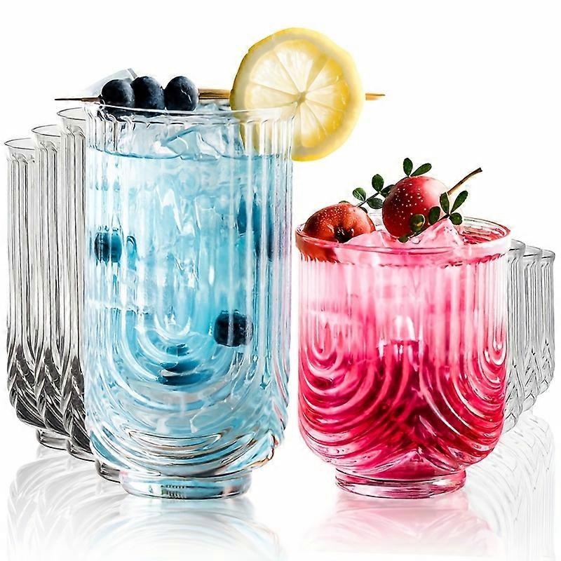 8Pcs, Art Deco Cocktail Glasses, Highball Glasses Set, Ribbed Glasses, Drinking Glasses Set, Unique Glassware, Beverages Ice Coffee Cup, Ideal for Whi