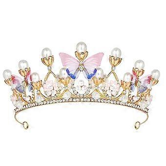 Princess Tiaras for Girls, Gold Crown with Rhinestone Pearl Butterfly Hair Accessories Show Headbands