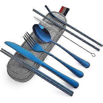 Portable Cutlery, Travel Camping Cutlery Set, 8 Piece Set Including Cutlery, Spoon, Chopsticks, Cleaning Brush, Straw Carrying Case, (blue)