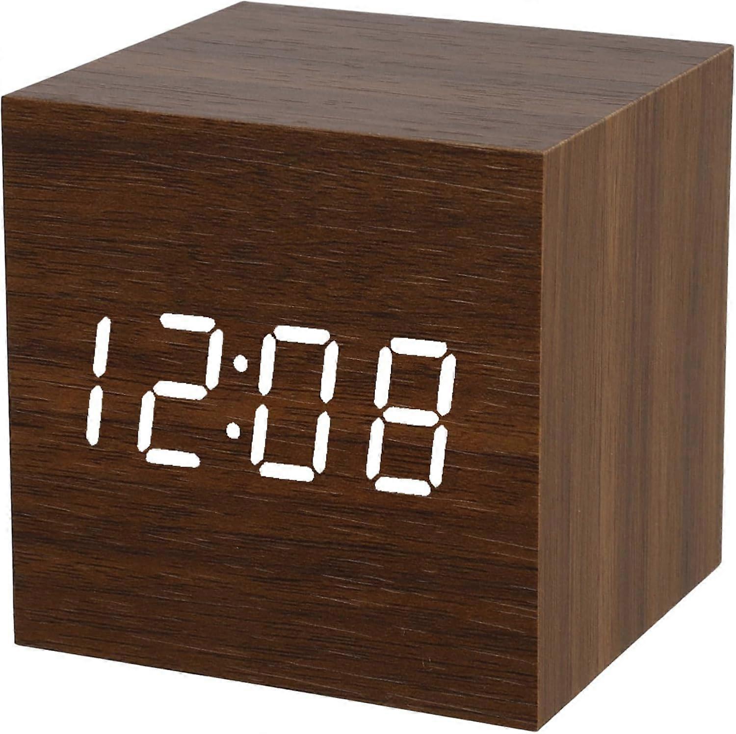 Mini Cube Silent Wooden Digital Digital Alarm Clock Wooden Alarm Clock USB/Battery Powered, with Date Temperature Time