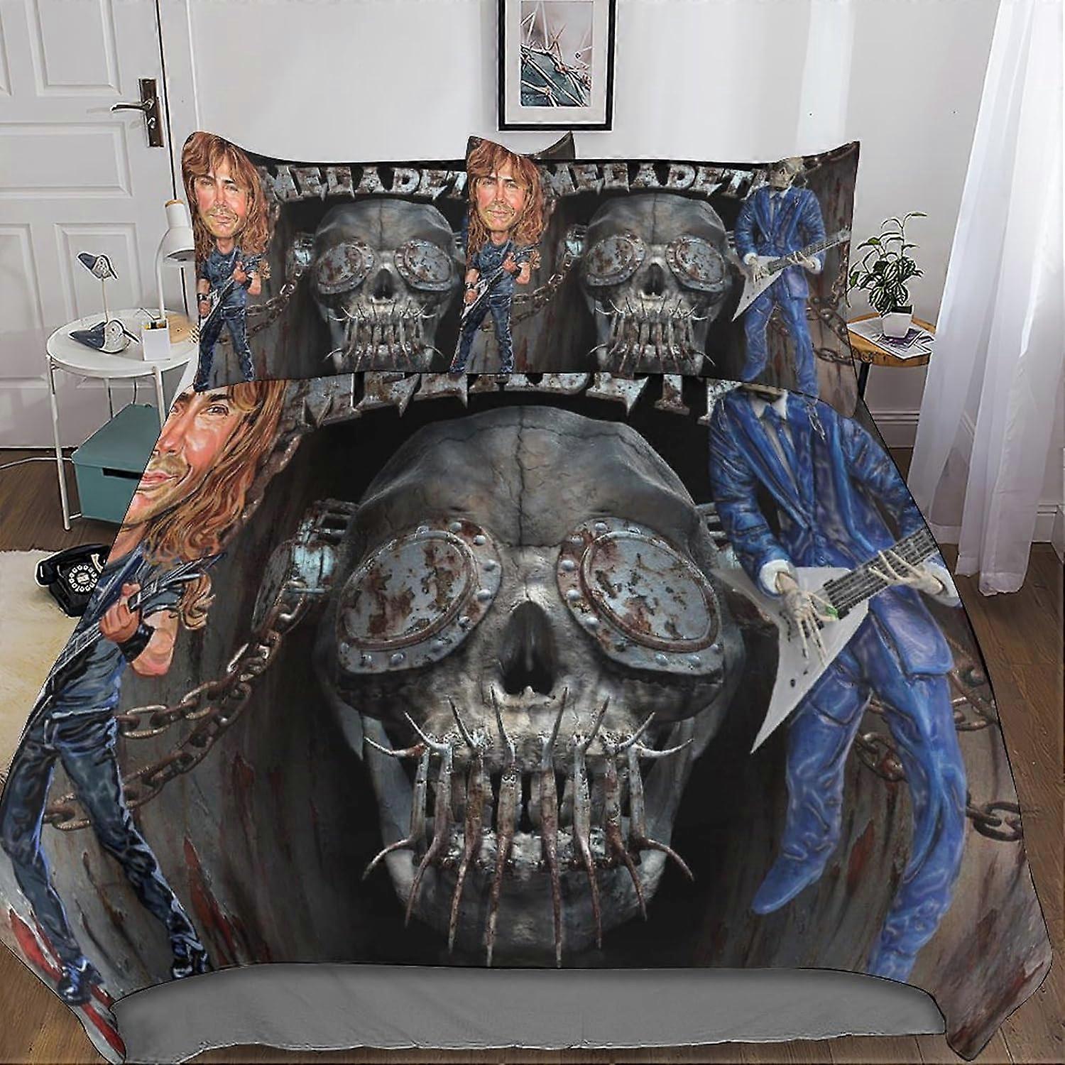 Set di biancheria da letto in microfibra con stampa 3D Megadeth, con copripiumino con teschio e federe, adatto per ragazzi e ragazze con chiusura a cerniera 3 pezzi doppi