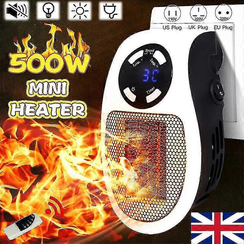 Portable Electric Heater 500w Uk Plug Timer + Remote Control Digital Display -JA
