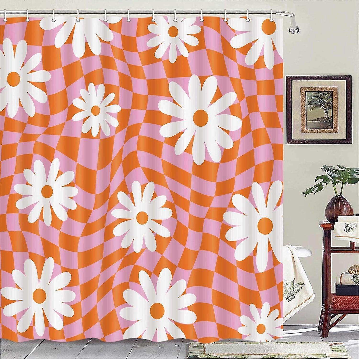 البرتقالي متقلب خمر 70s زهرة دش الستار الرجعية الهبي الملونة رائعة الحد الأدنى الجمالية النسيج حمام ستائر مجموعة منقوشة الفتيات قابل للغسل Bathro