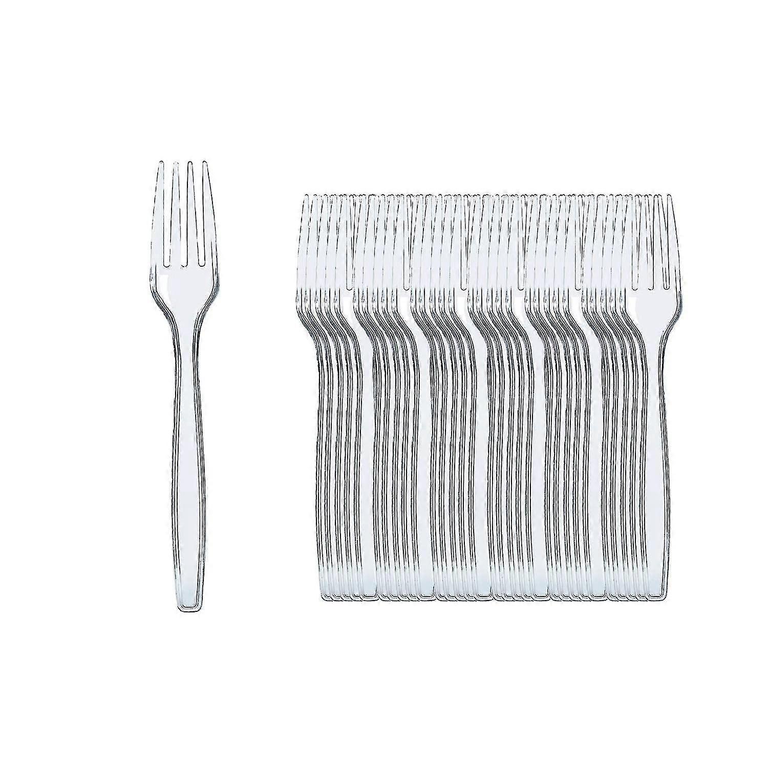 100個再利用可能なクリアプラスチックフォーク、強力なヘビーデューティのプラスチックカトラリー、屋内&屋外アクティビティに再利用可能