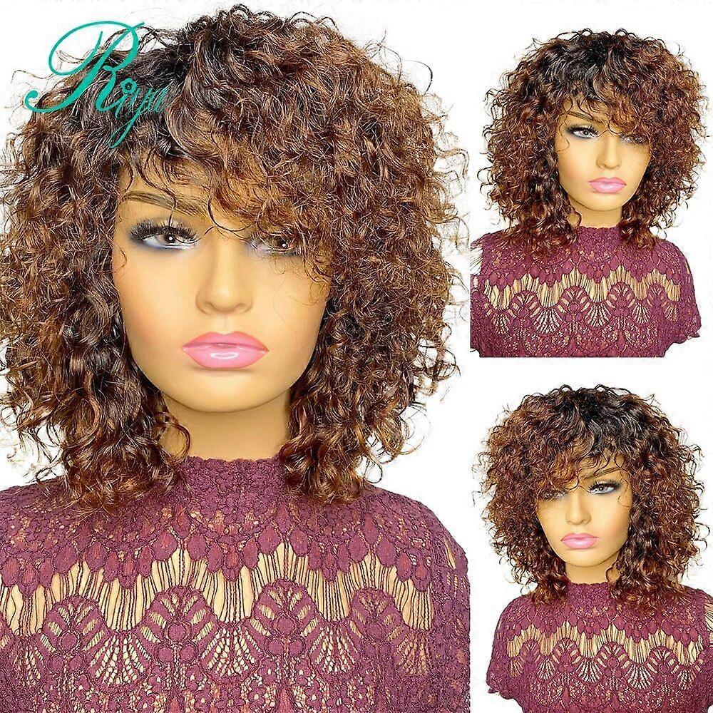 Invisible 1B30 Short Bob Pixie Cut Curly Full Machine Made Wigs With Bangs Remy