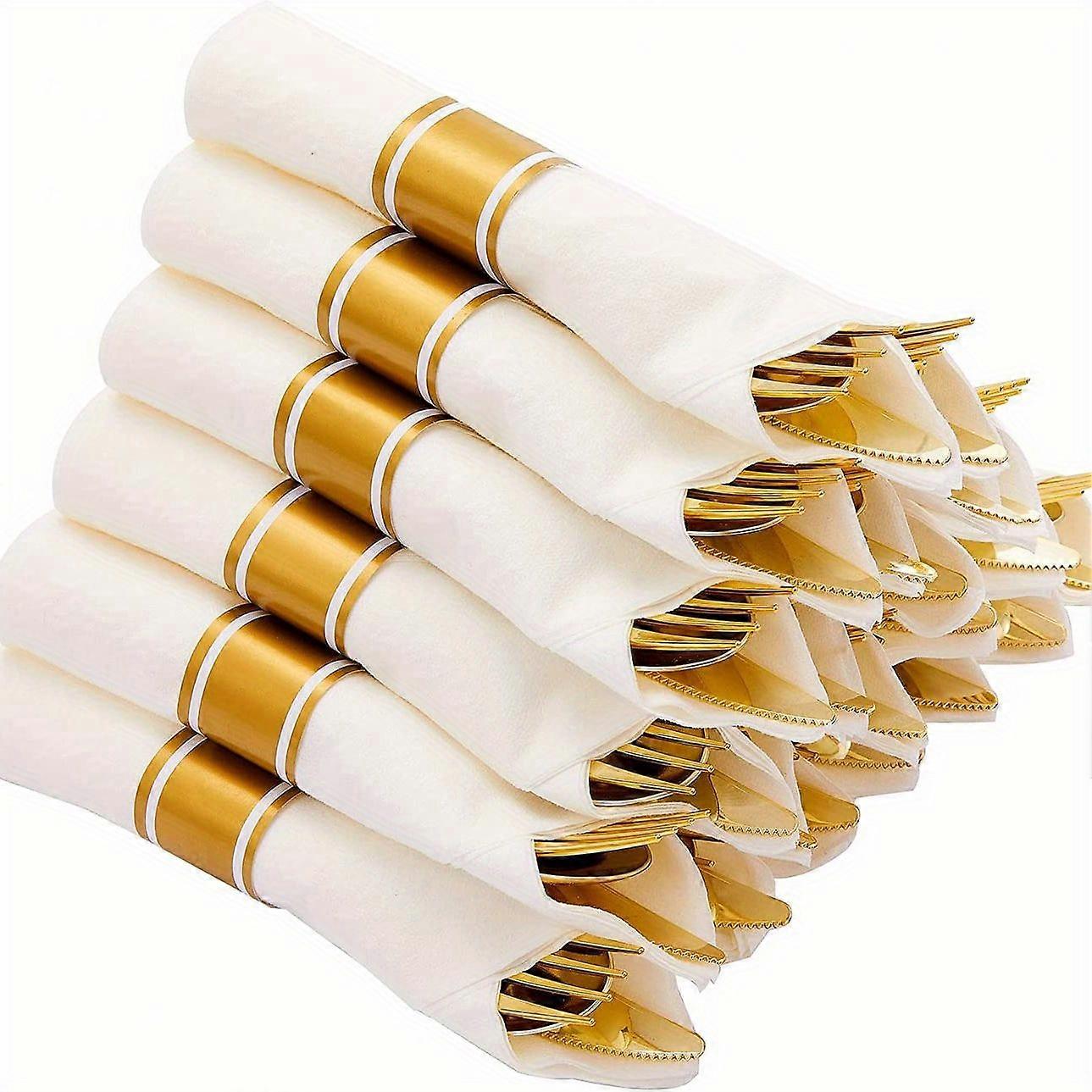 30pcs Pre Rolled Golden Cutlery Set, Wrapped Silverware Set With 30 Forks, 30 Knives, 30 Spoons And 30 Napkins, Disposable Cutlery Set For Party And W