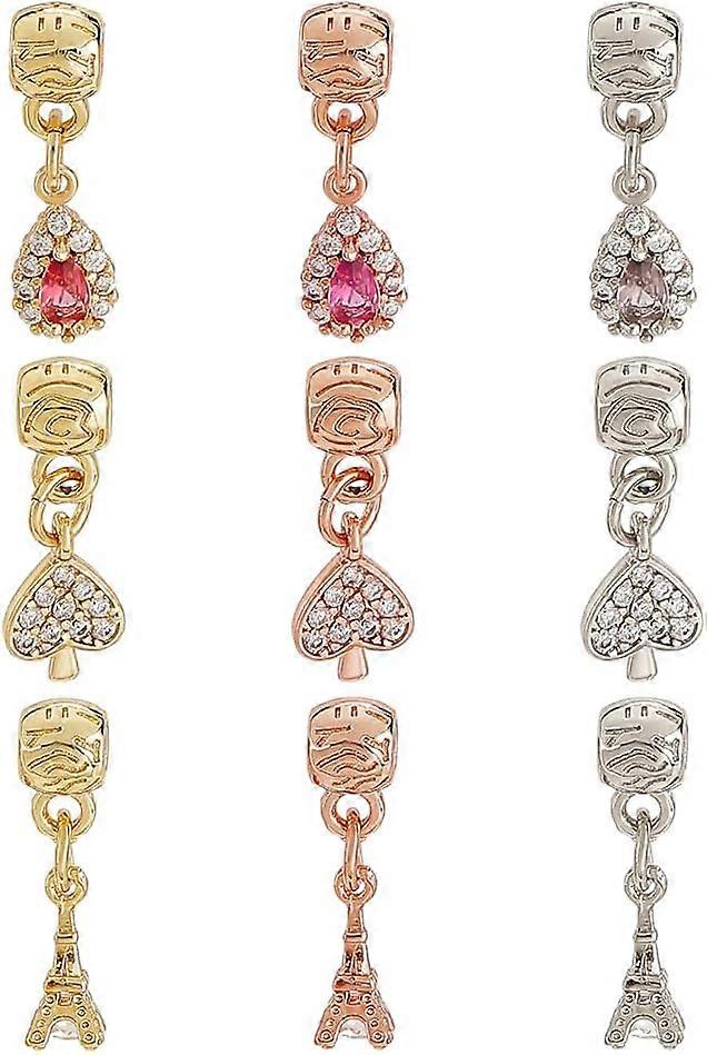 9Pcs 9 Style Rack Plating Brass Micro Pave Clear Cubic Zirconia Pendants Long-Lasting Plated Cadmium Free & Lead Free Tower & Heart & Teardrop Mixed C