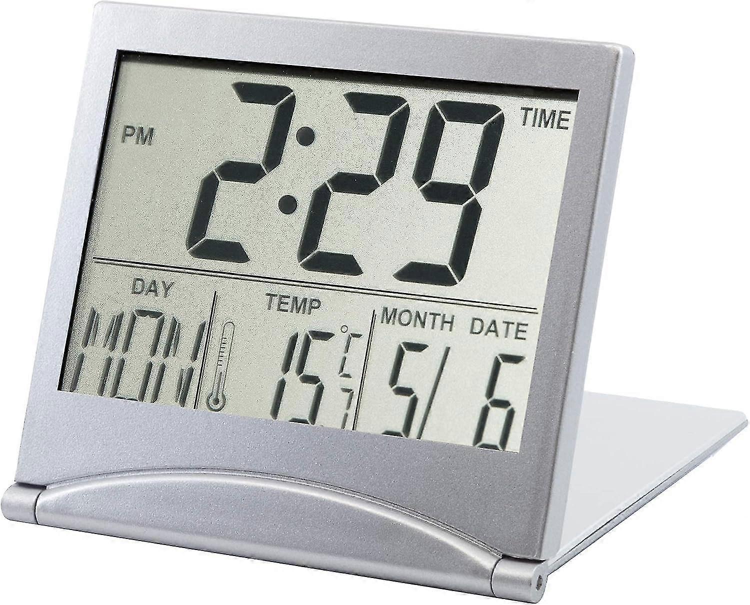 Desk Top Clock Silver Digital Lcd Temperature Alarm New Office Day Clock