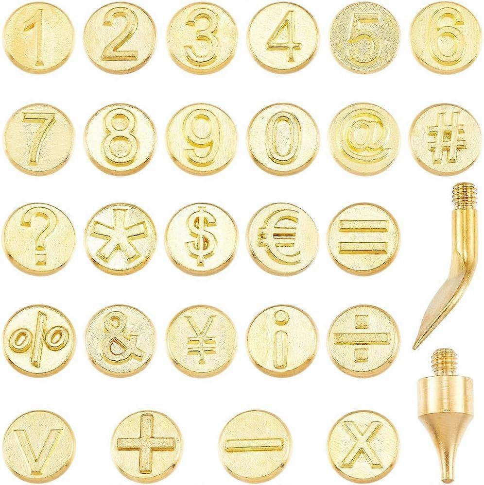 26Pcs Wood Burning Tip Set Golden Brass Copper Kit Number Symbol Soldering Stencil Leather Burner Pyrography Tool Template Sets for Wood Burning Embos