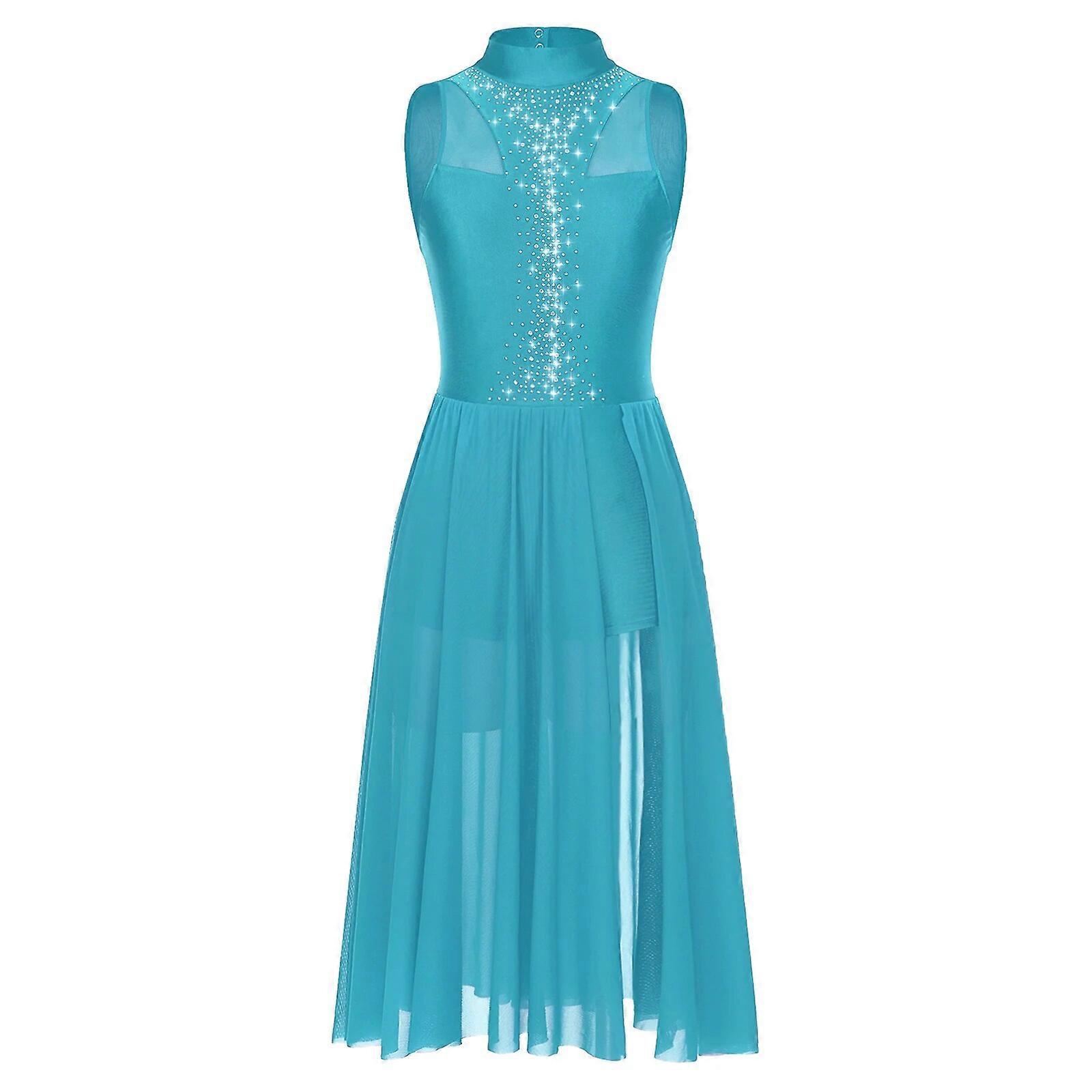 Kvinder Ballet Tutu Leotard Asymmetrisk Split Mesh Lang kjole Rhinestone Ballroom Lyriske Dansedragter Figur Skøjteløb Kjole