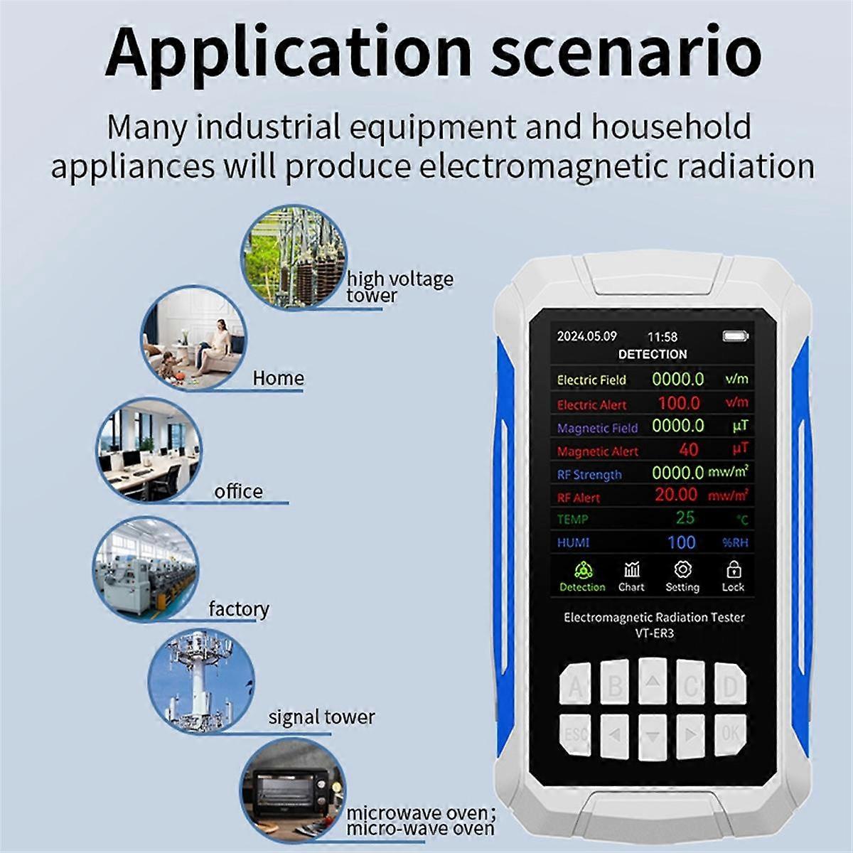 -ER3 5-in-1 Electromagnetic Radiation Detector-RF&Electric Field Testing with Temperature & Humidity Measurement White