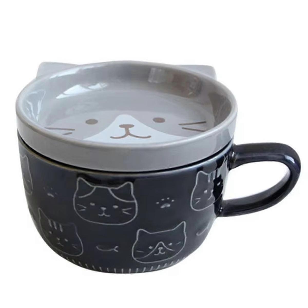 Cute Japanese Cartoon Cat Coffee Cup with Lid - Ceramic Breakfast Milk Cup for Couples, Ideal for Home and Office Use A