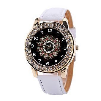 Mode PU Cuir Bande Quartz Montre Chiffre Grand Rond Cadran Strass Montre Femme (Blanc)