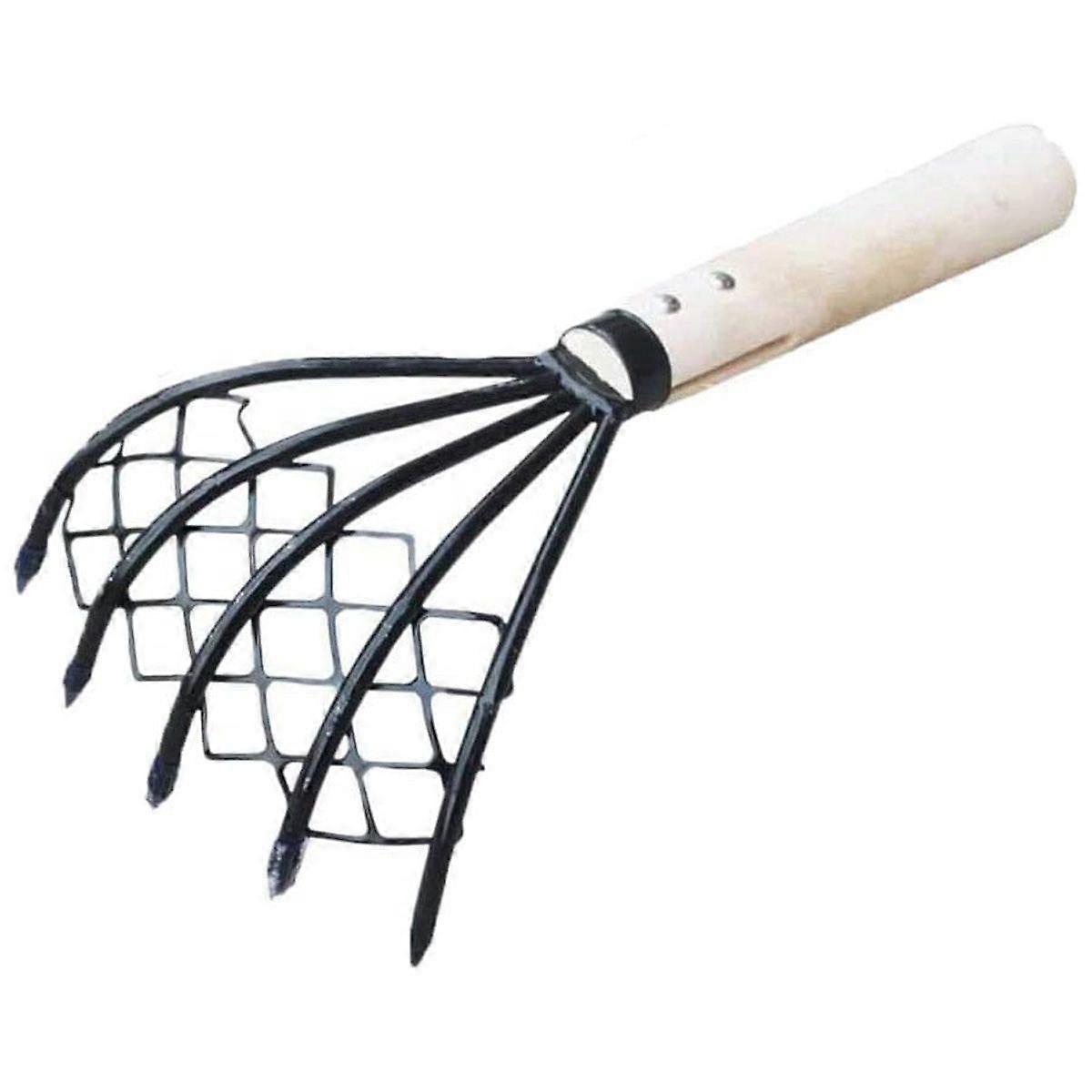 Clam Rake With Net 5 Claw Wood Handle Rake Shell Digging Tool Dig Seafood Accessories(1pcs)