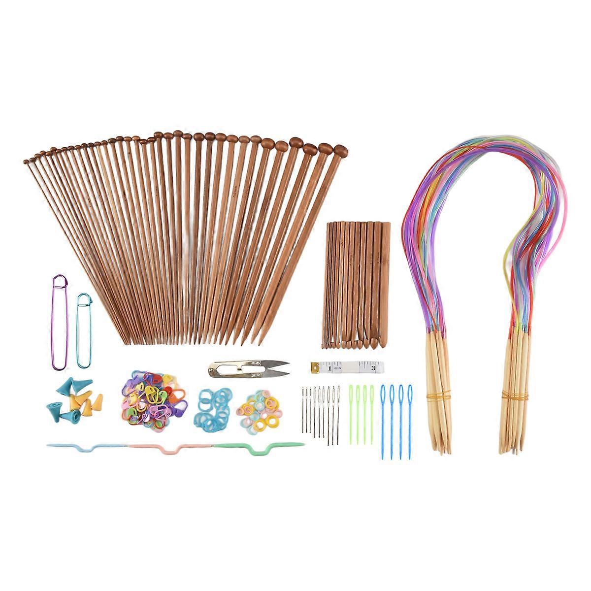 Knitting Needles Set-18 Pairs 18 Sizes Bamboo Circular Knitting Needles + 36 Single Pointed Bamboo Knitting Needles + Weaving Tools Knitting Kits