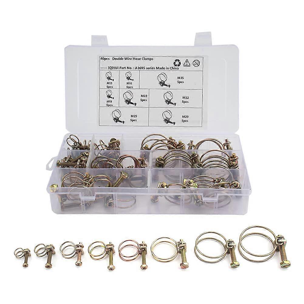 Double Wire Hose Clamp Assortment Kit M12 M16 M19 M22 M25 M29 M32 M35 Adjustable Steel Pipe Clips for Tubes and Hoses