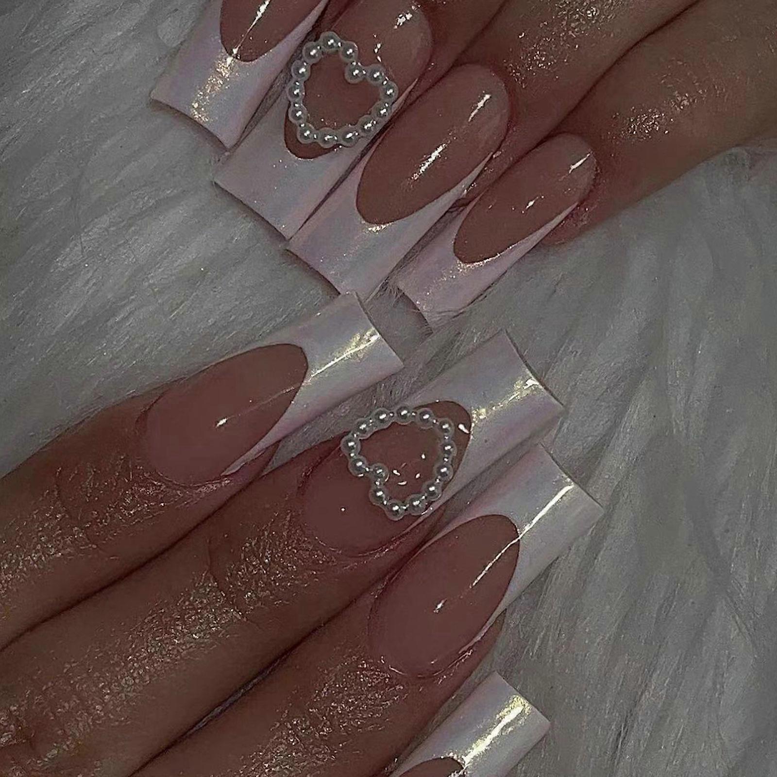 24 יחידות עיתונות מרובעת על ציפורן מבריק עיצוב צרפתי מזויף ציפורניים אקריליק ציפורן מלאכותית, דבקי ציפורניים מלאכותיים על ציפורן לנשים